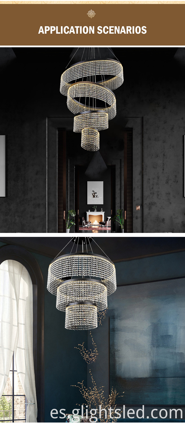 Decoración del hogar al por mayor moderno de cristal de lujo personalizado 24w 36w 50w lámpara colgante moderna de iluminación
